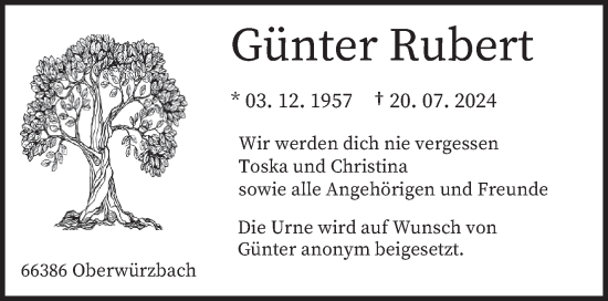 Todesanzeige von Günter Rubert von saarbruecker_zeitung