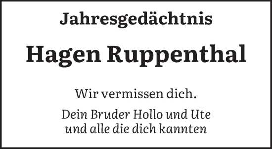 Todesanzeige von Hagen Ruppenthal von saarbruecker_zeitung