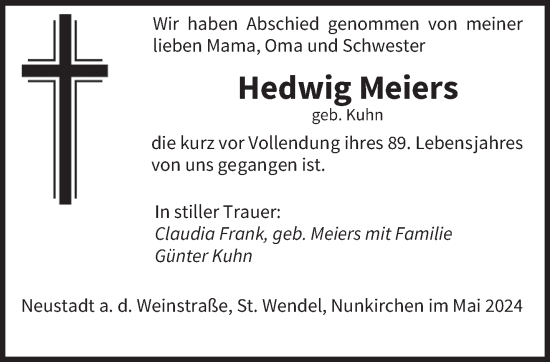 Todesanzeige von Hedwig Meiers von saarbruecker_zeitung