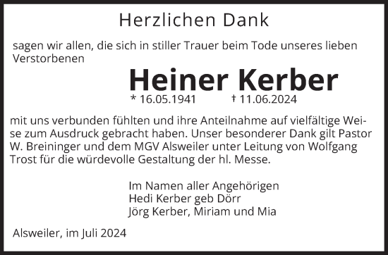 Todesanzeige von Heiner Kerber von saarbruecker_zeitung