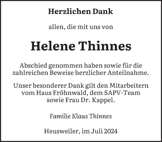Todesanzeige von Helene Thinnes von saarbruecker_zeitung