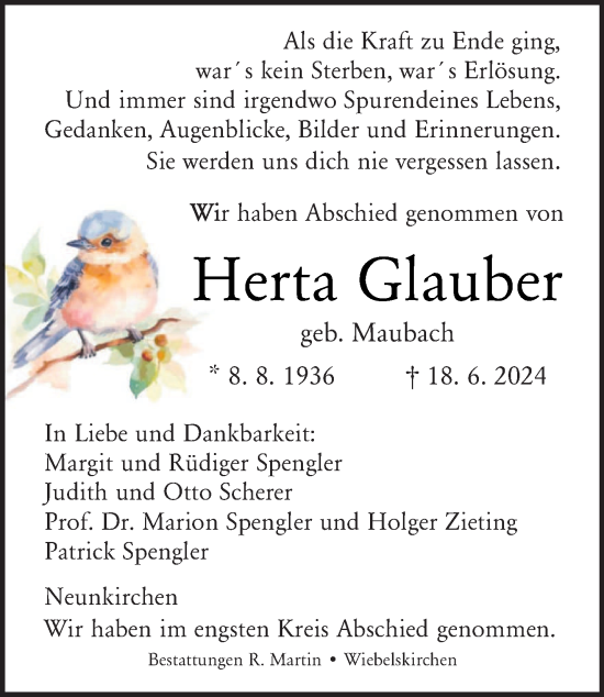 Todesanzeige von Herta Glauber von saarbruecker_zeitung