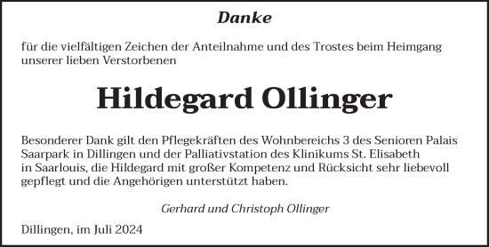 Todesanzeige von Hildegard Ollinger von saarbruecker_zeitung