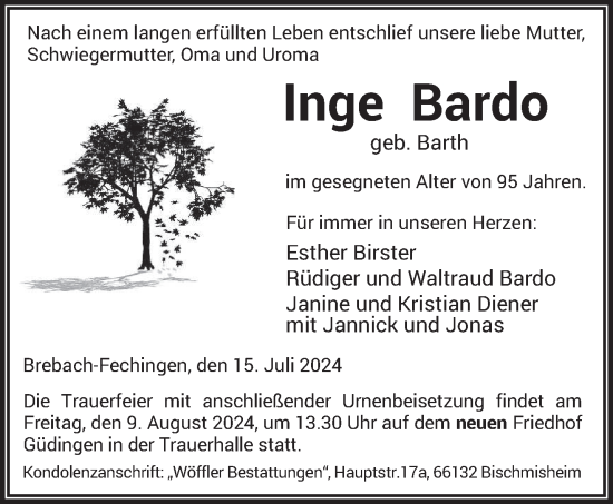 Todesanzeige von Inge Bardo von saarbruecker_zeitung