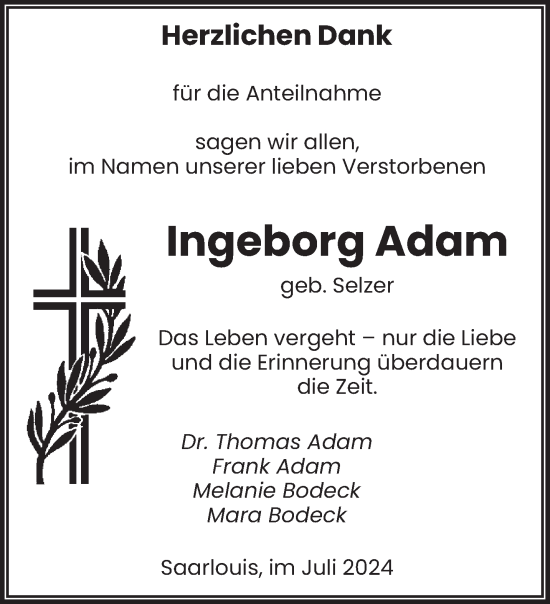 Todesanzeige von Ingeborg Adam von saarbruecker_zeitung