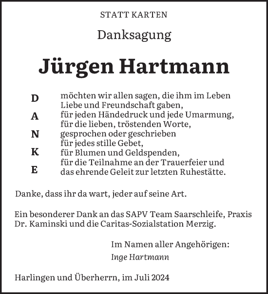 Todesanzeige von Jürgen Hartmann von saarbruecker_zeitung