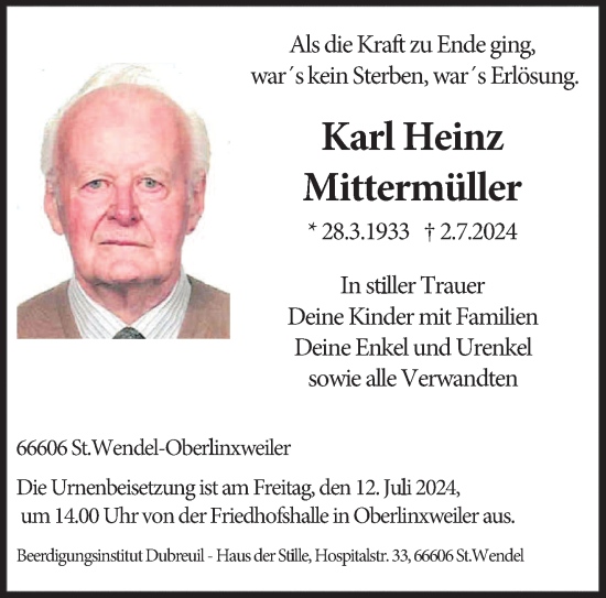 Todesanzeige von Karl Heinz Mittermüller von saarbruecker_zeitung