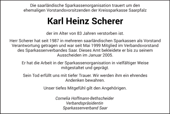 Todesanzeige von Karl Heinz Scherer von saarbruecker_zeitung