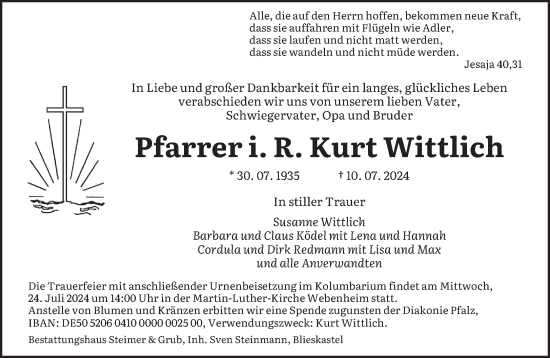 Todesanzeige von Kurt Wittlich von saarbruecker_zeitung