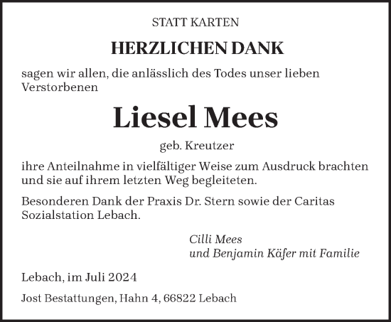 Todesanzeige von Liesel Mees von saarbruecker_zeitung