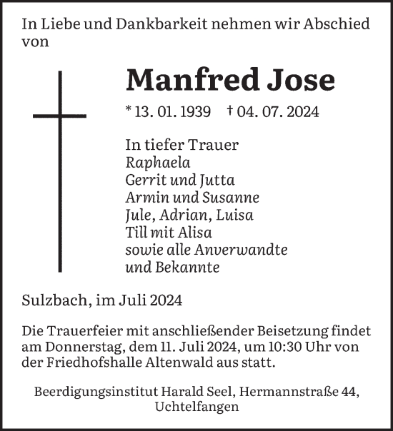 Todesanzeige von Manfred Jose von saarbruecker_zeitung