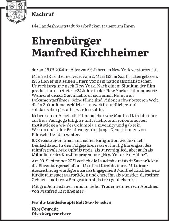 Todesanzeige von Manfred Kirchheimer von saarbruecker_zeitung