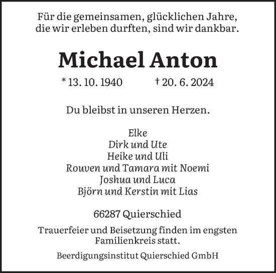 Todesanzeige von Michael Anton von saarbruecker_zeitung