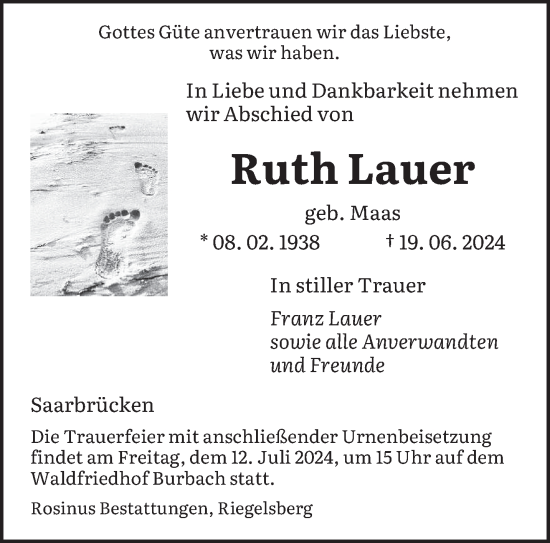 Todesanzeige von Ruth Lauer von saarbruecker_zeitung