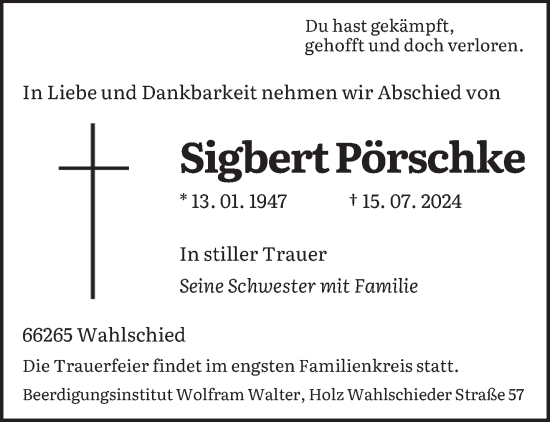 Todesanzeige von Sigbert Pörschke von saarbruecker_zeitung