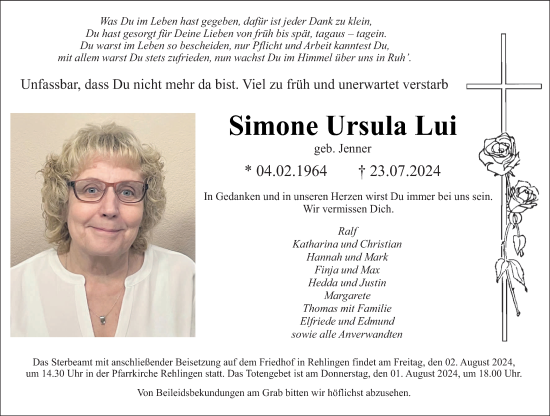 Todesanzeige von Simone Ursula Lui von saarbruecker_zeitung