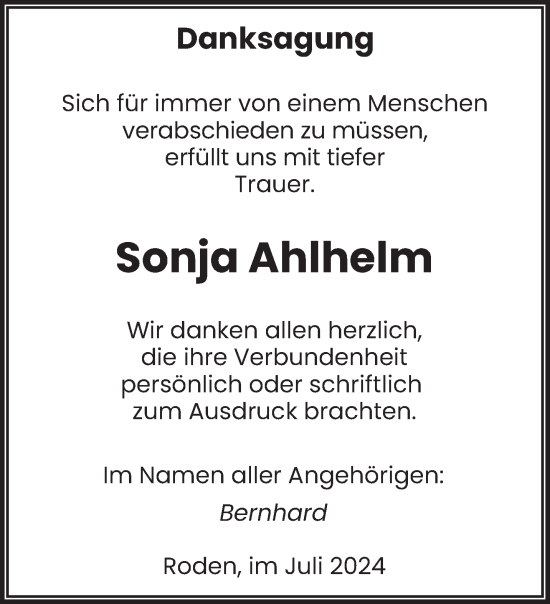 Todesanzeige von Sonja Ahlhelm von saarbruecker_zeitung