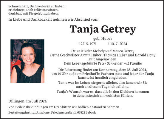 Todesanzeige von Tanja Getrey von saarbruecker_zeitung
