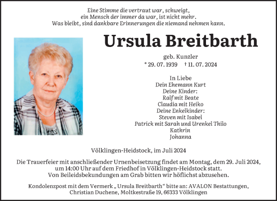 Todesanzeige von Ursula Breitbarth von saarbruecker_zeitung