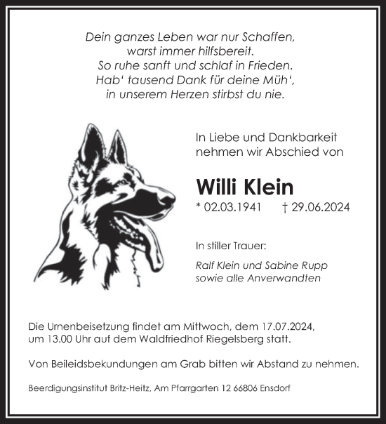 Todesanzeige von Willi Klein von saarbruecker_zeitung