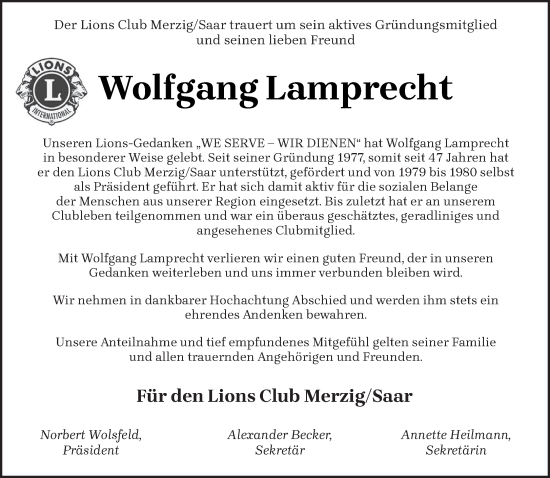 Todesanzeige von Wolfgang Lamprecht von saarbruecker_zeitung