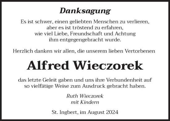 Todesanzeige von Alfred Wieczorek von saarbruecker_zeitung