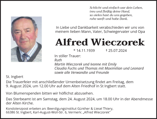 Todesanzeige von Alfred Wieczorek von saarbruecker_zeitung