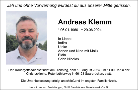 Todesanzeige von Andreas Klemm von saarbruecker_zeitung