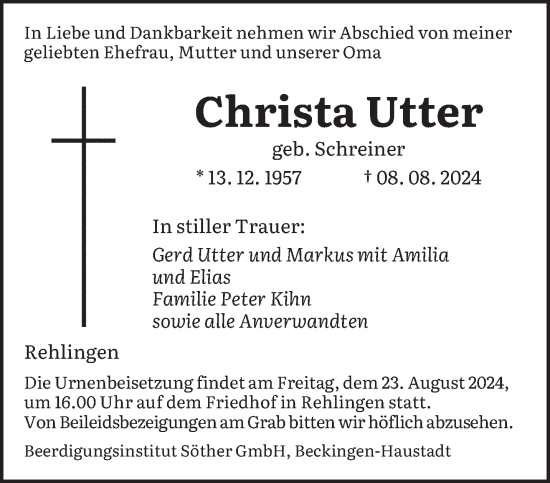 Todesanzeige von Christa Utter von saarbruecker_zeitung