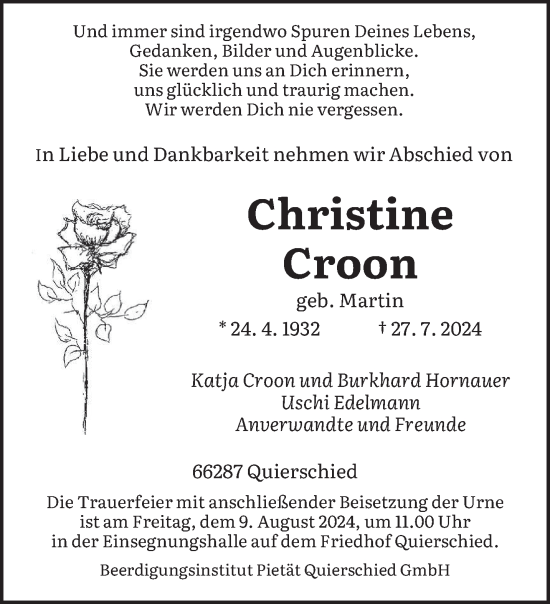 Todesanzeige von Christine Croon von saarbruecker_zeitung