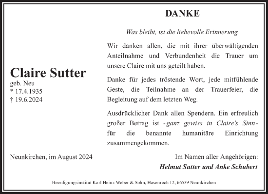 Todesanzeige von Claire Sutter von saarbruecker_zeitung