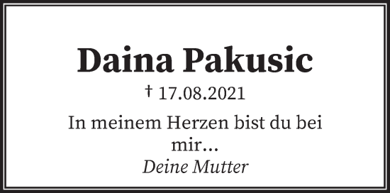Todesanzeige von Daina Pakusic von saarbruecker_zeitung