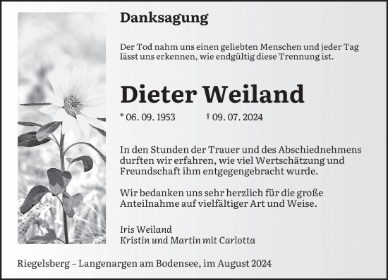 Todesanzeige von Dieter Weiland von saarbruecker_zeitung