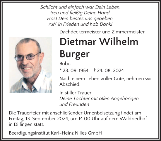 Todesanzeige von Dietmar Wilhelm Burger von saarbruecker_zeitung