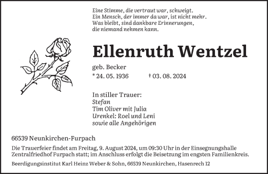 Todesanzeige von Ellenruth Wentzel von saarbruecker_zeitung