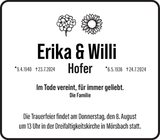 Todesanzeige von Erika und Willi Hofer von saarbruecker_zeitung