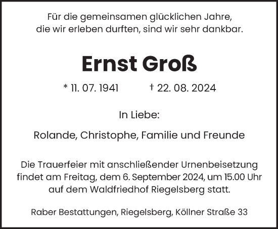 Todesanzeige von Ernst Groß von saarbruecker_zeitung