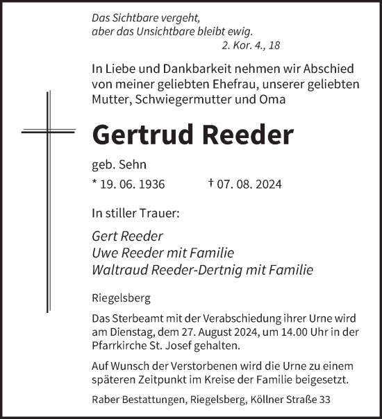 Todesanzeige von Gertrud Reeder von saarbruecker_zeitung