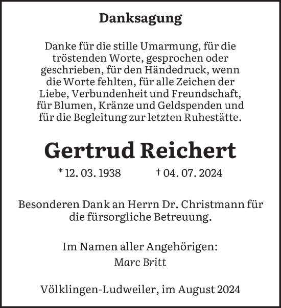 Todesanzeige von Gertrud Reichert von saarbruecker_zeitung