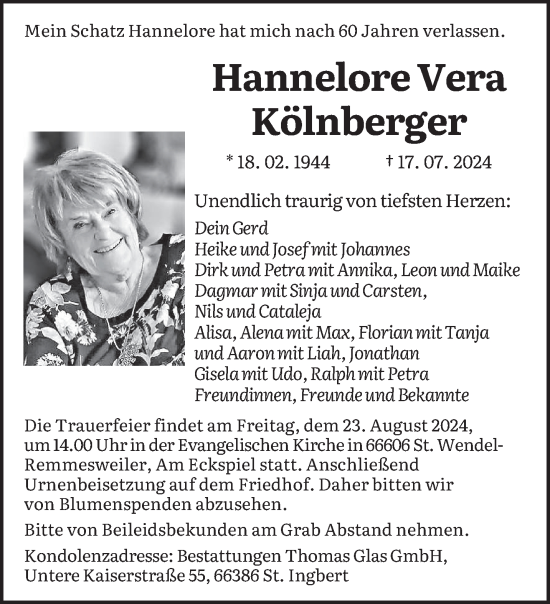 Todesanzeige von Hannelore Vera Kölnberger von saarbruecker_zeitung
