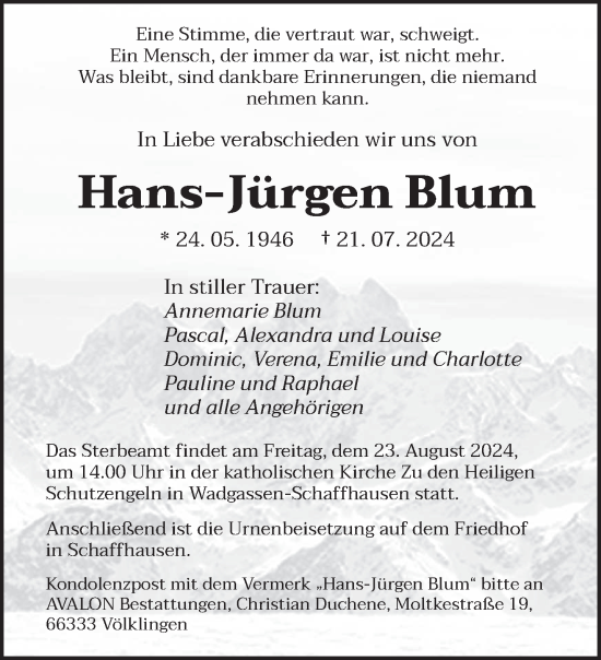 Todesanzeige von Hans-Jürgen Blum von saarbruecker_zeitung