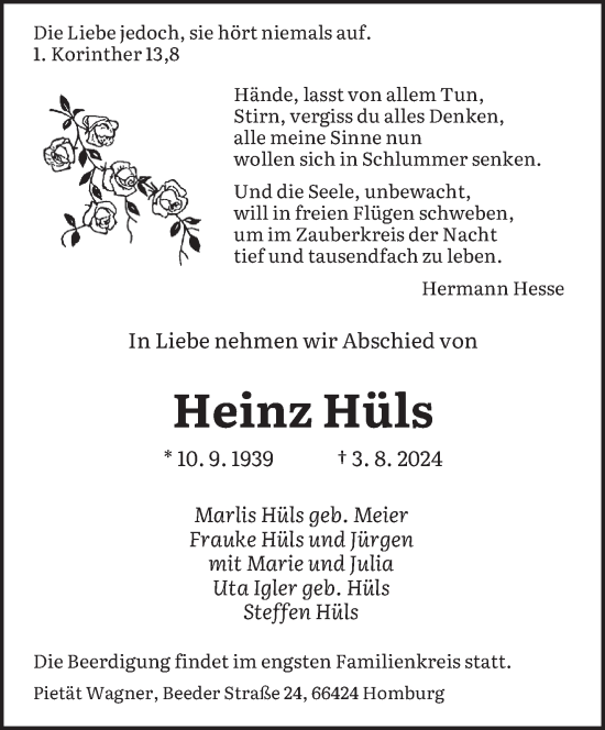 Todesanzeige von Heinz Hüls von saarbruecker_zeitung