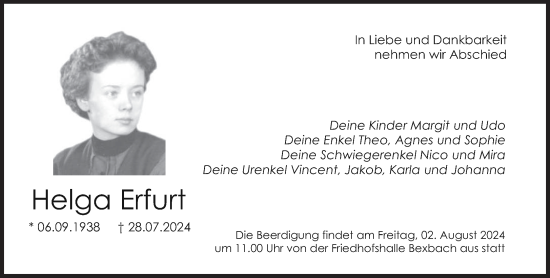 Todesanzeige von Helga Erfurt von saarbruecker_zeitung