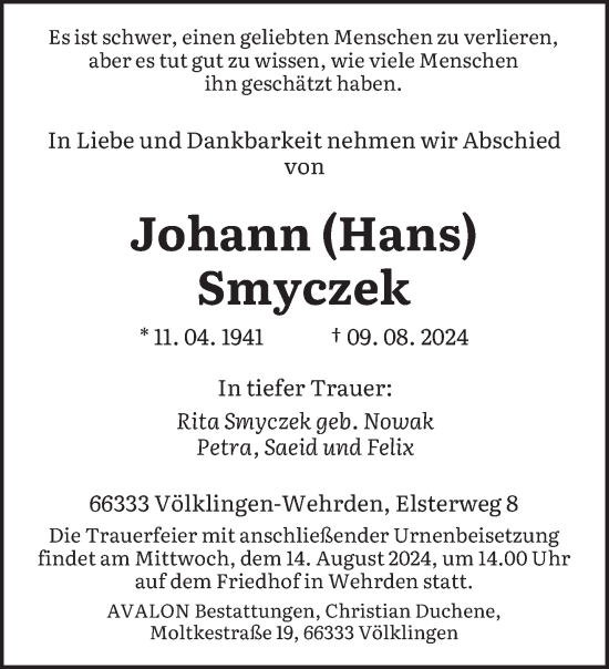 Todesanzeige von Johann Smyczek von saarbruecker_zeitung