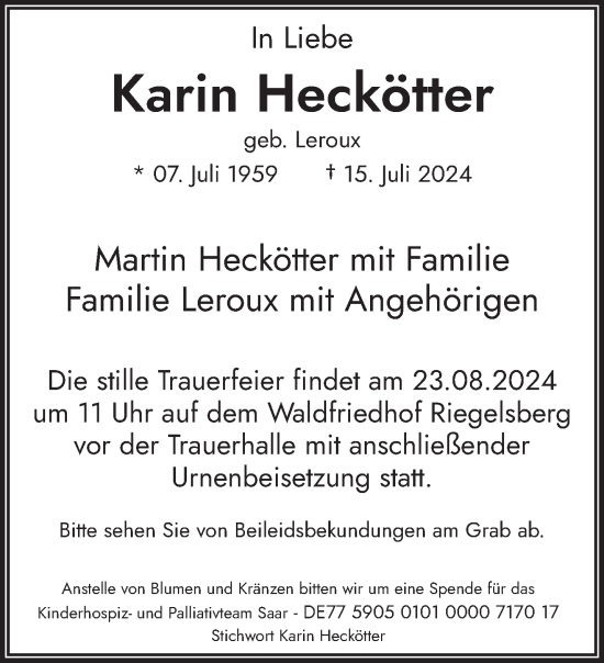 Todesanzeige von Karin Heckötter von saarbruecker_zeitung