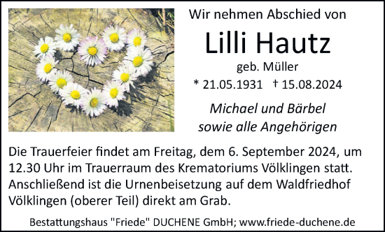 Todesanzeige von Lilli Hautz von saarbruecker_zeitung