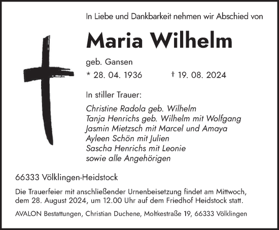 Todesanzeige von Maria Wilhelm von saarbruecker_zeitung