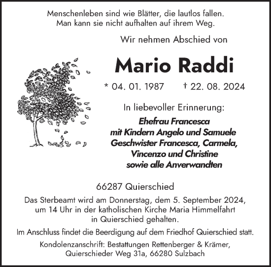 Todesanzeige von Mario Raddi von saarbruecker_zeitung