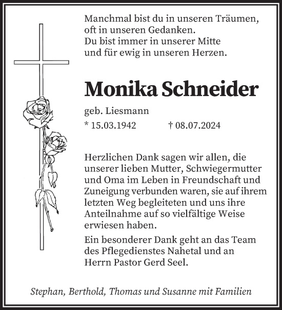Todesanzeige von Monika Schneider von saarbruecker_zeitung