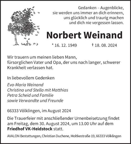 Todesanzeige von Norbert Weinand von saarbruecker_zeitung